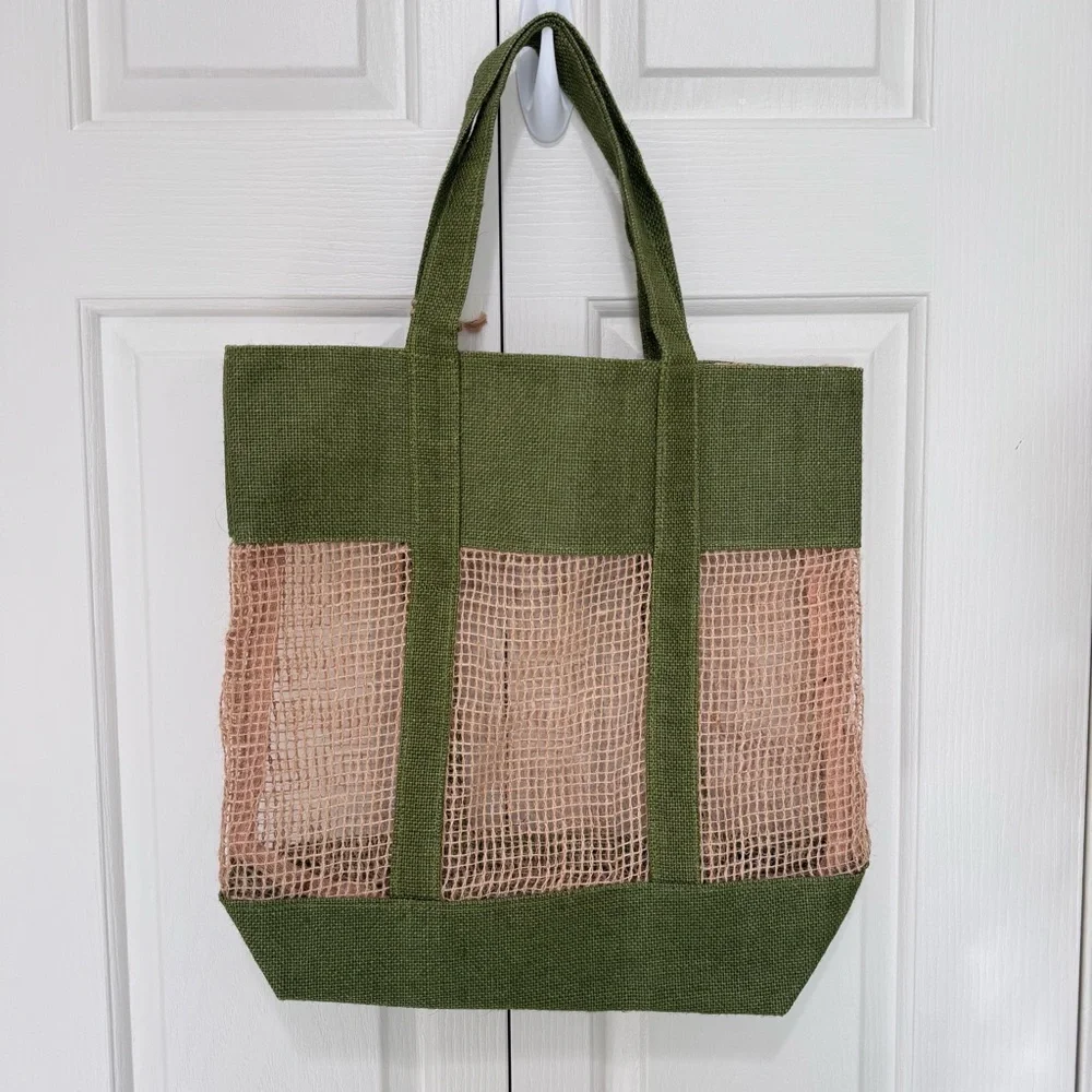 Miniso Large Jute Mesh Beach Tote Green Natural Market Shopper Carryall NWT Boho